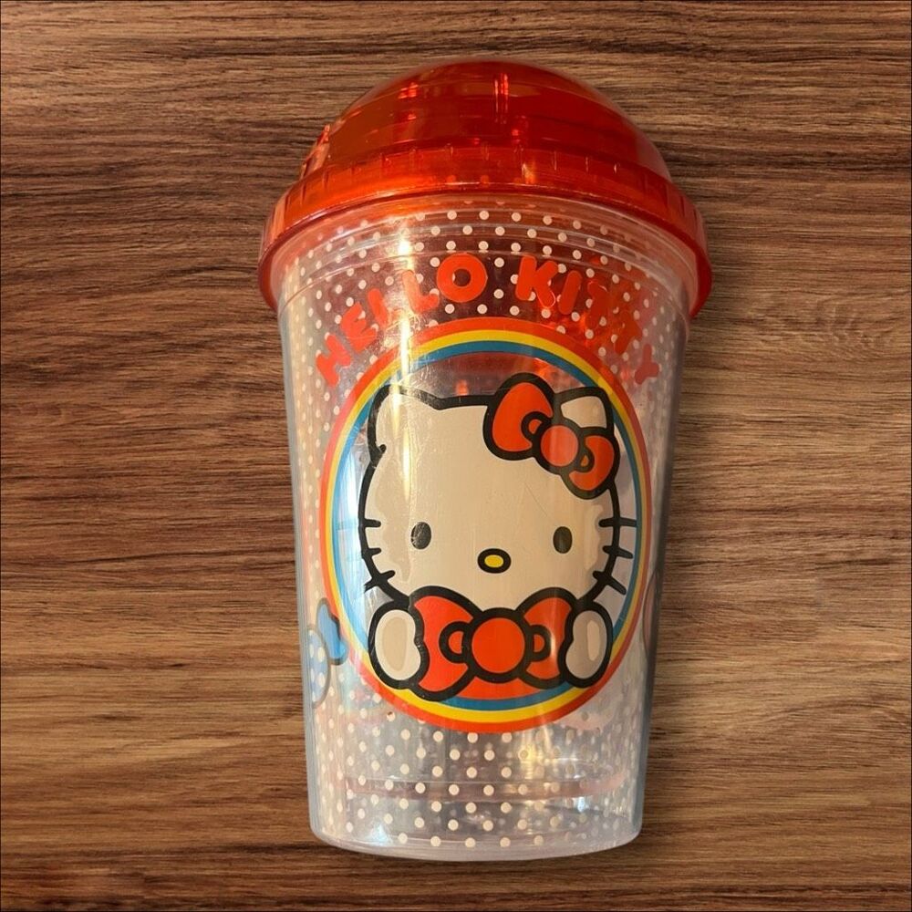Hello Kitty Retro Rainbow Red Dome Lid Plastic Tumbler Cup